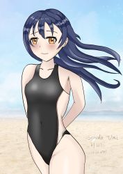 Rule 34 | 1girl, absurdres, arms behind back, artist name, artist request, bare legs, bare shoulders, beach, black one-piece swimsuit, blue hair, blue sky, blush, breasts, brown eyes, cloud, collarbone, day, female focus, floating hair, hair between eyes, highres, long hair, looking at viewer, love live!, love live! school idol project, ocean, one-piece swimsuit, outdoors, parted lips, sky, small breasts, smile, solo, sonoda umi, swimsuit, thighhighs, wavy hair, yellow eyes