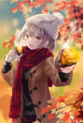 Rule 34 | 1girl, :d, autumn, autumn leaves, beanie, blurry, blurry background, blush, coat, commentary request, cowboy shot, fang, food, giving, grey hair, hat, highres, holding, holding food, long sleeves, looking at viewer, open mouth, orange eyes, original, outstretched arm, plaid, plaid scarf, pom pom (clothes), roasted sweet potato, scarf, short hair, smile, solo, standing, steam, sweater, sweet potato, yumeichigo alice