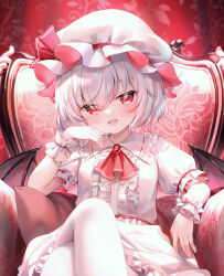 Rule 34 | 1girl, chen bin, cropped, hat, hat ribbon, highres, puffy sleeves, purple hair, red eyes, remilia scarlet, ribbon, short hair, short sleeves, sitting, solo, touhou, white hat, wings