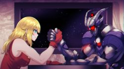 Rule 34 | 1boy, 1girl, absurdres, arm wrestling, blonde hair, blue eyes, breasts, commentary, determined, english commentary, gloves, glowing, glowing eyes, highres, hoshino char, indie virtual youtuber, mecha, medium breasts, red eyes, red gloves, robot, science fiction, sitting, space, tsunderia, upper body, valefal coneri, valefor (vtuber), virtual youtuber, window
