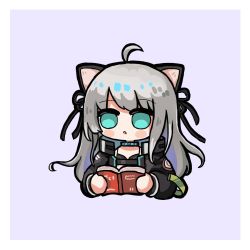 Rule 34 | 1girl, :o, ahoge, animal ears, arknights, black jacket, blue eyes, blush stickers, book, cat ears, chibi, cropped torso, daoshi niang lan er, grey hair, highres, holding, holding book, jacket, long hair, long sleeves, mint (arknights), open book, open clothes, open jacket, parted lips, puffy long sleeves, puffy sleeves, purple background, simple background, solo, upper body