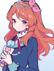 Rule 34 | 1girl, absurdres, aikatsu! (series), blue background, blue jacket, bow, closed mouth, commentary request, gradient background, hair bow, hands up, heart, highres, holding, holding wand, jacket, light blush, long hair, long sleeves, looking at viewer, neck ribbon, ozora akari, orange hair, own hands together, pink bow, purple eyes, red ribbon, ribbon, smile, solo, tiara, uhouhogorigori, upper body, wand, white background