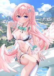 Rule 34 | 1girl, angel wings, bare shoulders, bikini, bikini bottom only, bow, bowtie, breasts, center opening, cleavage, closed mouth, day, feathered wings, gloves, hair ornament, hairclip, hand up, highres, hiyada yuu, long hair, looking at viewer, medium breasts, navel, original, outdoors, pink hair, purple eyes, revealing clothes, single thighhigh, sitting, solo, stomach, string bikini, swimsuit, thigh strap, thighhighs, thighs, very long hair, white bikini, white thighhighs, wings