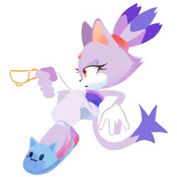 Rule 34 | 1girl, animal ears, bad id, bad twitter id, blaze the cat, cat ears, cat girl, cat slippers, cat tail, cup, forehead jewel, from side, furry, furry female, highres, holding, holding cup, pants, ponytail, simple background, slippers, sonic (series), stellarspin, tail, teacup, white background, white pants, yellow eyes