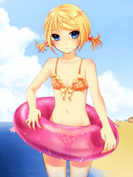 Rule 34 | 1girl, alternate hairstyle, beach, bikini, blonde hair, blue eyes, blush, cloud, day, female focus, frills, front-tie top, hair bobbles, hair ornament, highres, innertube, kagamine rin, navel, ocean, orange bikini, outdoors, polka dot, polka dot bikini, polka dot swimsuit, short hair, short twintails, sky, solo, swim ring, swimsuit, twintails, vocaloid, water, wet, yayoi (egoistic realism)