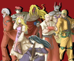 Rule 34 | 2girls, 6+boys, arc system works, blonde hair, capcom, crossover, dio brando, fatal fury, geese howard, gill (street fighter), guilty gear, heart, looking at viewer, m. bison, multiple boys, multiple girls, red background, rugal bernstein, simple background, snk, street fighter, testament (guilty gear), the king of fighters, touhou, yakumo yukari