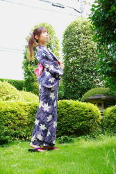 Rule 34 | 1girl, dress, garden project, geta, japanese clothes, kimono, kisaki mirin, outdoors, photo (medium), platform footwear, print dress, print kimono, sandals, tagme