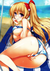 Rule 34 | 1girl, absurdres, ahoge, ass, bandeau, beach, between legs, bikini, blonde hair, blush, bow, breasts, cloud, day, finger to mouth, floral print, hair bow, highres, large breasts, long hair, looking at viewer, ocean, outdoors, ponytail, purple eyes, side-tie bikini bottom, side ponytail, sky, smile, solo, sweat, swimsuit, tomose shunsaku, towel, umbrella, underboob, water, wet