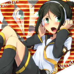 Rule 34 | 1boy, androgynous, black hair, command spell, cosplay, detached sleeves, fang, fate/zero, fate (series), green eyes, green hair, hairband, headphones, kagamine len, kagamine len (cosplay), kagamine rin, kagamine rin (cosplay), lowres, male focus, marimo danshaku, matching hair/eyes, short hair, short ponytail, solo, thighhighs, vocaloid, waver velvet, zoom layer