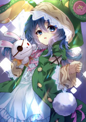 Rule 34 | 1girl, animal ear hood, animal ears, artist name, backlighting, blue background, blue eyes, blue hair, commentary request, cowboy shot, date a live, dress, eyelashes, fake animal ears, frilled dress, frills, frown, green jacket, hand up, highres, hood, hood up, jacket, light blush, long hair, long sleeves, looking at viewer, neck ribbon, open clothes, open jacket, open mouth, pink ribbon, pom pom (clothes), poppu, rabbit ears, ribbon, simple background, solo, sparkle, standing, wavy hair, white dress, wide sleeves, yoshino (date a live), yoshinon