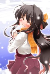 Rule 34 | 10s, 1girl, ^ ^, black hair, blush, closed eyes, cup, closed eyes, from behind, grin, half updo, head tilt, high-waist skirt, hisame genta, holding, kantai collection, long hair, long sleeves, looking back, mug, multicolored hair, naganami (kancolle), pink hair, pleated skirt, shirt, signature, skirt, smile, solo, steam, two-tone hair, white shirt