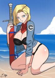 Rule 34 | 1girl, absurdres, android 18, blonde hair, blue eyes, bob cut, bra, breasts, cleavage, cloud, day, dragon ball, dragon ball super, dragonball z, etzelin, female focus, groin, highres, holding, jacket, kneeling, large breasts, legs, looking at viewer, medium hair, ocean, outdoors, panties, parted lips, scarf, sky, solo, sword, thighs, underwear, water, weapon, wet