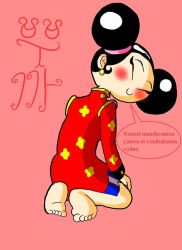 Rule 34 | 1girl, barefoot, black hair, blush, china dress, chinese clothes, double bun, dress, earrings, closed eyes, feet, floral print, hair bun, hands on own knees, jewelry, kneeling, long sleeves, looking at viewer, looking back, pink background, print dress, pucca, pucca (cartoon), red dress, smile