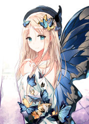 Rule 34 | 1girl, abigail williams (fate), absurdres, bare shoulders, black hat, blonde hair, blue eyes, blue wings, blush, butterfly hair ornament, butterfly wings, closed mouth, commentary request, dress, eien no juu nana-sai, fate/grand order, fate (series), hair between eyes, hair ornament, hands up, hat, highres, insect wings, long hair, long sleeves, off-shoulder dress, off shoulder, parted bangs, simple background, smile, solo, very long hair, white background, white dress, wide sleeves, wings