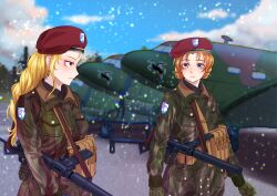 Rule 34 | 2girls, alternate costume, assam (girls und panzer), belt, beret, blonde hair, blue eyes, blue sky, blurry, blurry background, braid, closed mouth, cloud, cloudy sky, coat, commentary, day, depth of field, emblem, explosive, frown, girls und panzer, gloves, green coat, green gloves, grenade, hat, highres, light frown, long hair, looking at viewer, looking to the side, military, military hat, military uniform, multiple girls, orange hair, orange pekoe (girls und panzer), outdoors, parted bangs, red headwear, short hair, sky, st. gloriana&#039;s (emblem), standing, sten gun, tigern (tigern28502735), twin braids, uniform, utility belt, world war ii
