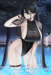 Rule 34 | 1girl, bare shoulders, black hair, black one-piece swimsuit, blush, breasts, classy-black-haired girl (hayabusa), collarbone, commentary, covered navel, duplicate, hayabusa, highleg, highleg swimsuit, highres, large breasts, long hair, looking to the side, mole, mole under eye, mole under mouth, nail polish, night, night sky, one-piece swimsuit, original, pixel-perfect duplicate, pool, purple eyes, sideboob, sky, solo, swimsuit, symbol-only commentary, thighs, wading, water