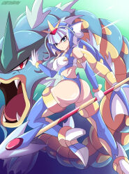 Rule 34 | absurdres, armor, ass, blue eyes, breasts, creatures (company), crop top, crossover, fangs, fusion, game freak, gen 1 pokemon, gyarados, helmet, highres, holding, holding weapon, fairy leviathan (mega man), m11xgirby, medium breasts, mega man (series), mega man zero (series), midriff, nintendo, pokemon, red eyes, tagme, weapon