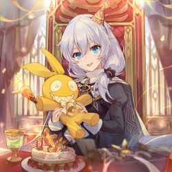 Rule 34 | 1girl, :d, bell, birthday cake, blue eyes, cake, chair, chalice, csyday, cup, curtains, doll, food, gift, happy birthday, hat, highres, holding, holding doll, homu (honkai impact), honkai (series), honkai impact 3rd, indoors, long hair, long sleeves, looking at viewer, neck bell, nun, official art, open mouth, party hat, side ponytail, sitting, smile, solo, table, theresa apocalypse, theresa apocalypse (valkyrie pledge), white hair
