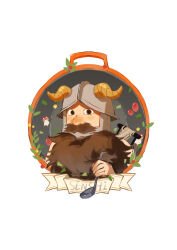 Rule 34 | 1boy, absurdres, beard, brown hair, character name, commentary, dungeon meshi, dwarf, facial hair, fake horns, hashtag-only commentary, helmet, highres, holding, holding ladle, horned helmet, horns, ladle, leaf, looking at viewer, male focus, mushroom, mustache, senshi (dungeon meshi), simple background, solo, upper body, white background, zhao yifei