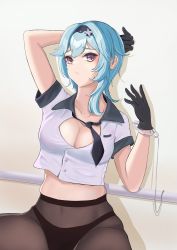 Rule 34 | 1girl, absurdres, arm up, black gloves, black hairband, black panties, black pantyhose, blue hair, breasts, cleavage, commentary, covered navel, crop top, cuffs, eula (genshin impact), genshin impact, gloves, hairband, hand up, handcuffs, highres, looking at viewer, medium hair, melioudase1, midriff, panties, panties under pantyhose, pantyhose, purple eyes, shirt, short sleeves, sitting, solo, stomach, underwear, white shirt