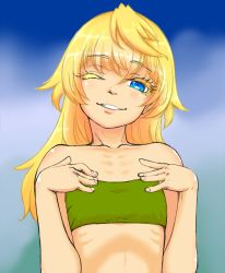 Rule 34 | 1girl, abs, alternate costume, bandeau, bare arms, bare shoulders, blonde hair, blue eyes, blue sky, blush, clenched teeth, cloud, collarbone, colored eyelashes, day, female focus, flat chest, green tube top, grin, hair between eyes, hair down, hands on own chest, hands up, head tilt, jack-haniwa, long hair, midriff, neck, one eye closed, ribs, shiny skin, sky, smile, solo, strapless, tanya degurechaff, teeth, tube top, upper body, youjo senki