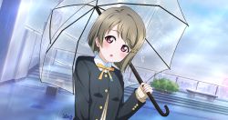 Rule 34 | 1girl, :o, absurdres, artist name, black jacket, blue sky, blush, bow, bowtie, breasts, brown hair, buttons, cardigan, cloud, collared shirt, crescent, crescent hair ornament, day, female focus, grey hair, hair ornament, highres, holding, holding umbrella, jacket, light brown hair, long sleeves, looking at viewer, love live!, love live! nijigasaki high school idol club, nakasu kasumi, neck ribbon, nijigasaki academy school uniform, outdoors, parted lips, pink eyes, purple eyes, rain, ribbon, satou-y, school uniform, shirt, short hair, sky, smile, solo, stairs, star (symbol), star hair ornament, sweater, sweater vest, umbrella, upper body, vest, white shirt, yellow bow, yellow cardigan, yellow ribbon, yellow sweater, yuzuki satou