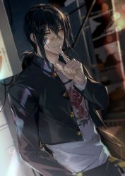 Rule 34 | 1boy, bandaid, bandaid on face, bandaid on nose, black hair, black jacket, black pants, blurry, blurry background, buttons, closed mouth, fate/grand order, fate (series), finger to mouth, green eyes, hair between eyes, hand up, highres, jacket, light smile, long hair, long sleeves, looking at viewer, low ponytail, male focus, pants, ponytail, rrr (reason), shirt, shushing, solo, standing, twitter username, upper body, very long hair, watermark, weibo watermark, white shirt, yan qing (fate)