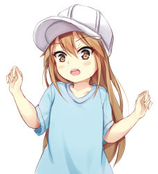 Rule 34 | 10s, 1girl, blue shirt, brown eyes, brown hair, chrisandita, collarbone, commentary request, flat cap, hair between eyes, hands up, hat, hataraku saibou, highres, long hair, looking at viewer, open mouth, platelet (hataraku saibou), shirt, short sleeves, simple background, solo, upper body, very long hair, white background, white hat