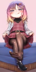Rule 34 | 1girl, :q, black footwear, black pantyhose, blonde hair, blush, desk, dress, feet, female focus, gradient hair, hair ornament, hairclip, highres, jacket, kantai collection, long sleeves, looking at viewer, medium hair, mole, mole under eye, multicolored hair, namaata, official alternate costume, pantyhose, pink background, pink hair, plaid, plaid dress, purple eyes, purple hair, red dress, shoes, simple background, single shoe, sitting, skirt hold, smile, solo, tongue, tongue out, tsushima (kancolle)