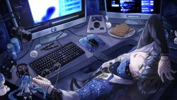 Rule 34 | 1boy, blue hair, bread slice, chair, commentary, commentary request, controller, desk, earrings, english commentary, food, game controller, glasses, gloves, green eyes, hand on own head, hatsune miku, highres, holding, holding removed eyewear, ike eveland, ike eveland (1st costume), image editing program, indoors, jewelry, keyboard (computer), long sleeves, looking up, male focus, mixed-language commentary, mouse (computer), nijisanji, nijisanji en, open mouth, pen, short hair, sitting, solo, speaker, toast, ukaria, unworn eyewear, virtual youtuber, vocaloid