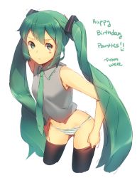 Rule 34 | 1girl, :t, black thighhighs, blush, blush stickers, cowboy shot, cropped legs, green eyes, green hair, hair ornament, happy birthday, hatsune miku, long hair, matching hair/eyes, necktie, no pants, panties, sketch, solo, striped clothes, striped panties, thighhighs, twintails, underwear, very long hair, vocaloid, weee (raemz), white background