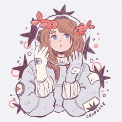 Rule 34 | 1girl, artist name, astronaut, asymmetrical gloves, blue eyes, brown hair, bubble, circle, coco glez, fish, freckles, gloves, helmet, highres, long hair, long sleeves, original, saturn (planet), signature, solo, space helmet, star (symbol), uneven gloves, upper body