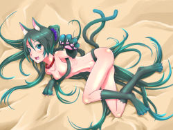 Rule 34 | 1girl, :3, animal ears, animal hands, cat ears, cat paws, cat tail, claws, collar, fangs, green eyes, green hair, hatsune miku, long hair, matching hair/eyes, oonishi shunsuke, open mouth, ribs, solo, tail, very long hair, vocaloid