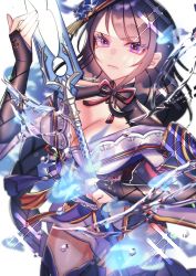 Rule 34 | 1girl, absurdres, armor, braid, breasts, bridal gauntlets, cleavage, closed mouth, commentary request, emiri (user ggkz7554), floral print, flower, genshin impact, hair ornament, highres, holding, holding polearm, holding spear, holding weapon, huge filesize, japanese clothes, kimono, large breasts, long hair, looking at viewer, mitsudomoe (shape), mole, mole under eye, obi, obiage, polearm, purple eyes, purple flower, purple hair, raiden shogun, ribbon, sash, shoulder armor, solo, sparkle, spear, tassel, tomoe (symbol), water, weapon, white background