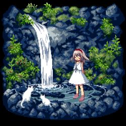 Rule 34 | animated, animated gif, cat, day, dress, hair flaps, lowres, original, pixel art, plant, solo, standing, tozaki makoto, transparent background, wading, water, waterfall