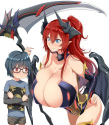 Rule 34 | 1boy, 1girl, age difference, bad id, bad twitter id, bare shoulders, black gloves, black hair, blue eyes, blush, book, breasts, bursting breasts, cleavage, demon girl, demon horns, demon wings, eyebrows, fingerless gloves, gigantic breasts, glasses, gloves, hair between eyes, high ponytail, highres, horns, inactive account, kloah, leaning forward, leotard, long hair, looking at breasts, monster girl, pointy ears, ponytail, red eyes, red hair, revealing clothes, scythe, short hair, shorts, simple background, smile, white background, wings