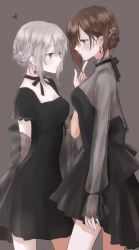 Rule 34 | 10s, 2girls, alternate hairstyle, arm behind back, black dress, black ribbon, brown eyes, brown hair, closed mouth, commentary, dress, earrings, formal, from side, girls und panzer, grey background, hair ornament, hair up, hairclip, hairpin, hand on another&#039;s chin, heart, itsumi erika, jewelry, light smile, long sleeves, looking at another, multiple girls, neck ribbon, nishizumi maho, ribbon, see-through, shawl, short dress, short hair, short sleeves, simple background, uki (lachryphagy), yuri