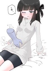 Rule 34 | 1girl, belly rub, bike shorts, black eyes, black hair, breasts, commentary request, disembodied hand, dress, highres, one side up, original, ribbed dress, shorts under dress, single hair ring, sitting, small breasts, solo, sweat, sweater, sweater dress, tawasiupa, translation request, turtleneck, turtleneck dress