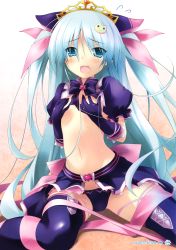 Rule 34 | 1girl, absurdres, animal ears, artist name, blue eyes, blue gloves, blue hair, blue panties, blue thighhighs, blush, bow, breast hold, breasts, cat ears, cat hair ornament, covering privates, covering breasts, crop top, crown, d:, elbow gloves, embarrassed, entangled, eyes visible through hair, flat chest, flying sweatdrops, frilled panties, frilled skirt, frills, gloves, gradient background, hair ornament, hair ribbon, headgear, heart, hexagram, highres, hoshizaki mei, looking at viewer, magical girl, midriff, miniskirt, navel, no bra, open clothes, open mouth, open skirt, panties, puffy short sleeves, puffy sleeves, purple panties, purple thighhighs, ribbon, sakana (flame sakana), scan, shadow, short sleeves, sitting, skirt, small breasts, spread legs, sweat, thighhighs, turtleneck, twintails, two side up, underwear, wariza, yumekoi