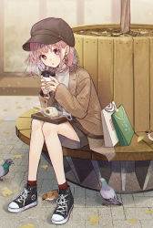 Rule 34 | 1girl, :o, bag, baozi, bench, bird, black footwear, brown hat, brown jacket, brown skirt, chromatic aberration, coffee cup, converse, cup, disposable cup, food, grey sweater, hat, highres, holding, holding cup, jacket, leaf, long sleeves, looking at viewer, medium hair, nail polish, original, outdoors, parted lips, pencil skirt, pigeon, pink eyes, pink hair, pink nails, plaid, plaid jacket, plastic bag, red socks, sake (utopia modoki), seed, shoelaces, shoes, shopping bag, sitting, skirt, sneakers, socks, solo, steam, sweater