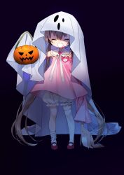 Rule 34 | 1girl, black background, bloomers, brooch, brown hair, bucket, closed eyes, collared dress, commentary request, detached sleeves, dress, facing viewer, fang, full body, ghost costume, halloween bucket, halloween costume, hand up, headset, heart, heart brooch, highres, holding, holding bucket, jewelry, kitsune ncv, long hair, loose thighhigh, name tag, neck ribbon, open mouth, peter pan collar, pink dress, pink sleeves, ribbon, short dress, simple background, skin fang, sleeveless, sleeveless dress, sleeves past fingers, sleeves past wrists, smile, solo, standing, thighhighs, tsukuyomi ai, underwear, very long hair, voiceroid, white bloomers, white ribbon, white thighhighs