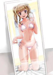 Rule 34 | 1girl, :d, bikini, blunt bangs, blush, breasts, brown eyes, brown hair, cameltoe, camera phone, cellphone, collarbone, female pov, frilled bikini, frills, highres, kneeling, looking at viewer, mashinatsu, mirror, navel, open mouth, original, phone, pov, reflection, revision, selfie, smile, solo, swimsuit, teeth, thighhighs, twintails