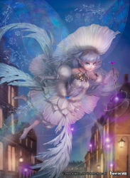 Rule 34 | 1girl, bare shoulders, barefoot, blue eyes, building, fairy wings, feathers, flower, force of will, fur trim, gem, gloves, hair ornament, highres, night, night sky, open mouth, pointy ears, sky, solo, sparkle, wand, wings