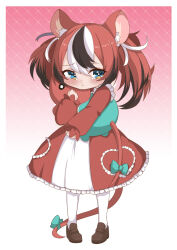 Rule 34 | 1girl, absurdres, aged down, animal ear fluff, animal ears, blush, bow, brown dress, brown footwear, brown hair, child, dress, full body, hakos baelz, highres, hololive, hololive english, hug, hugging object, mouse ears, mouse girl, mouse tail, mr. squeaks (hakos baelz), multicolored hair, pantyhose, ribbon, senbon tsuki, shoes, solo, standing, streaked hair, stuffed animal, stuffed toy, tail, tail bow, tail ornament, tears, twintails, two-tone dress, virtual youtuber, white dress, white pantyhose