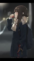 Rule 34 | 1girl, backpack, bag, black coat, black hair, blurry, blush, brown eyes, brown scarf, chocolate, coat, commentary request, depth of field, eating, grey skirt, hand in pocket, highres, kani biimu, letterboxed, long hair, original, outdoors, plaid, plaid scarf, scarf, skirt, solo, tears, wavy mouth, wrapping paper