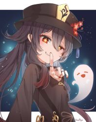 Rule 34 | 1girl, black headwear, brown hair, closed eyes, fang, flower, genshin impact, ghost, grin, hat, highres, hu tao (genshin impact), index finger raised, jewelry, kannya (nzkannya), long sleeves, looking at viewer, multicolored hair, nail polish, open mouth, red eyes, red hair, ring, smile, two-tone hair, upper body
