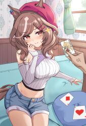 Rule 34 | 1girl, alternate costume, animal ears, bare shoulders, blush, breasts, brown hair, card, closed mouth, commentary request, cowboy shot, cropped sweater, curtains, cushion, denim, denim shorts, detached sleeves, disembodied hand, ear ornament, ears through headwear, filkia, grey sweater, hair ornament, hairclip, highres, horse ears, horse girl, horse tail, indoors, long hair, long sleeves, matikane tannhauser (umamusume), medium breasts, midriff, multicolored hair, navel, on bed, playing card, ribbed sweater, shorts, sleeveless, sleeveless turtleneck, smile, solo, solo focus, streaked hair, sweater, tail, turtleneck, turtleneck sweater, umamusume, white hair, window, yellow eyes