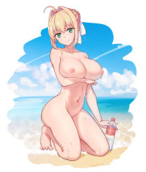Rule 34 | 1girl, ahoge, arm under breasts, barefoot, blue sky, bottle, breasts, closed mouth, collarbone, completely nude, contrail, day, english text, fate/grand order, fate (series), feet, full body, green eyes, hair bun, hair intakes, highres, horizon, kneeling, large breasts, looking at viewer, navel, nero claudius (fate), nero claudius (fate) (all), nero claudius (swimsuit caster) (fate), nipples, nude, ocean, outdoors, panana, servant (fate), single hair bun, sky, smile, solo, stomach, toes, water, water bottle