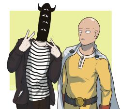 Rule 34 | 2boys, bald, belt, bodysuit, cape, crossover, double v, extra eyes, gloves, jumpsuit, looking at another, male focus, multiple boys, one-punch man, onodera punpun, oyasumi punpun, photo-referenced, poley-world, red gloves, saitama (one-punch man), v, yellow bodysuit, yellow jumpsuit