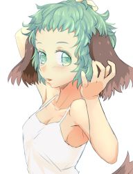 Rule 34 | 1girl, alternate costume, alternate hairstyle, animal ears, arm up, breasts, cleavage, collarbone, colored eyelashes, dog ears, dog tail, green eyes, green hair, hand in own hair, hand up, ishikkoro, kasodani kyouko, looking at viewer, matching hair/eyes, messy hair, parted lips, shirt, short hair, simple background, small breasts, solo, tail, tank top, touhou, upper body, white background, white shirt